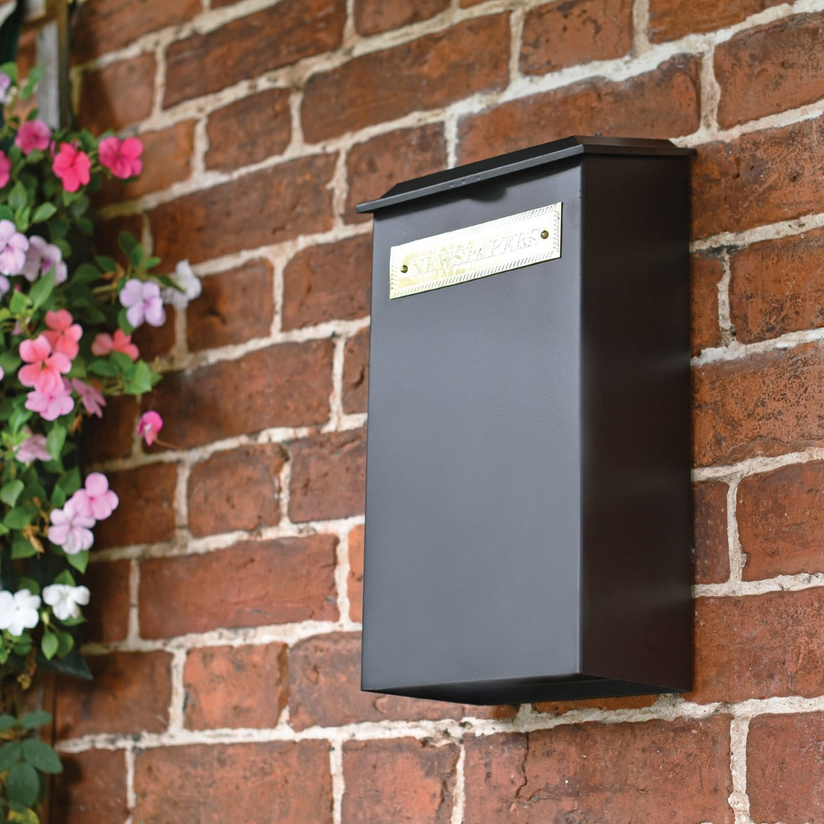 Standard 'Redhill' Black Newspaper Box with Brass Plaque in Situ 