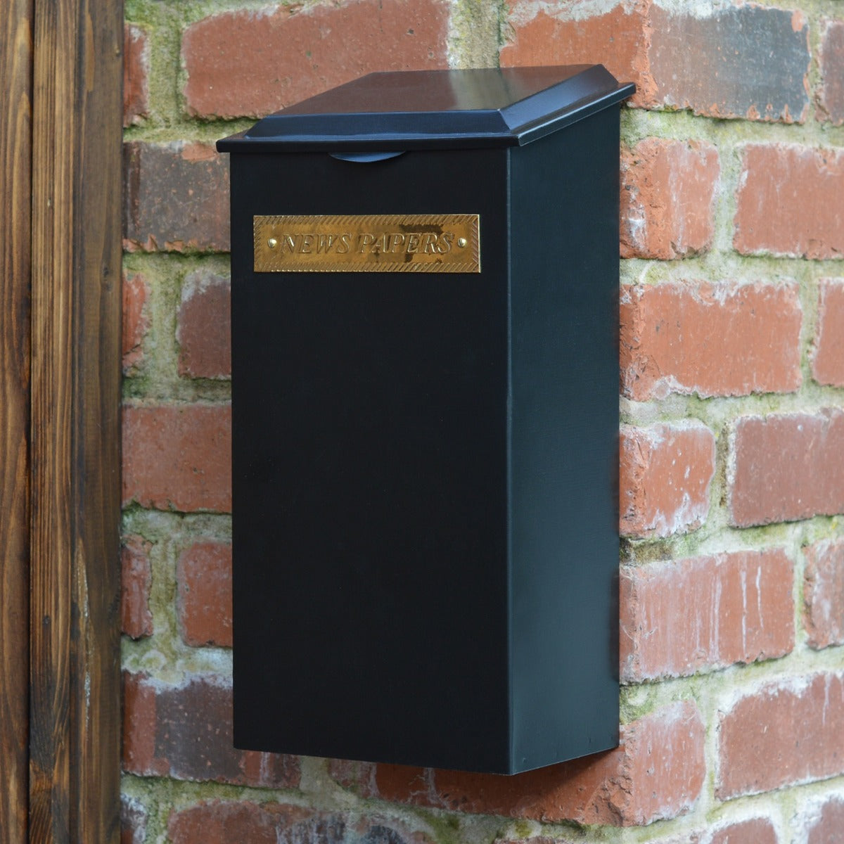 'Redhill' Black Newspaper Box with Brass Plaque on Wall 
