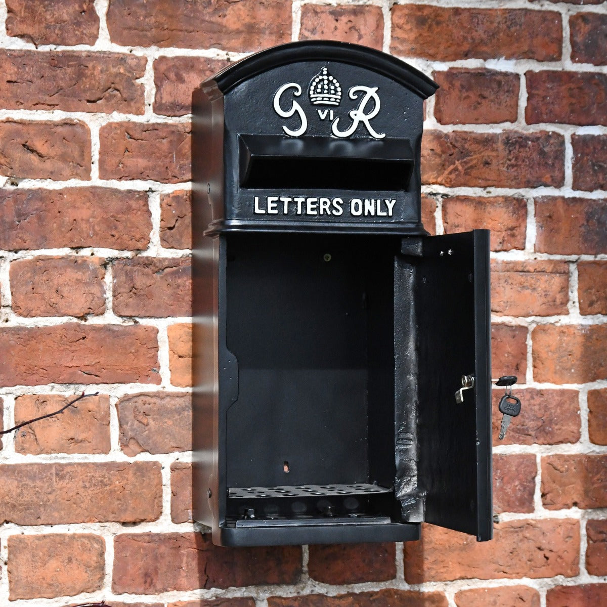 Black 'George Rex' Post Box with lockable door open 