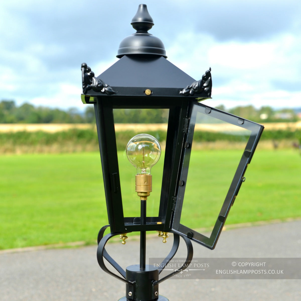 Black Victorian Lantern & Pillar Post With Open Door