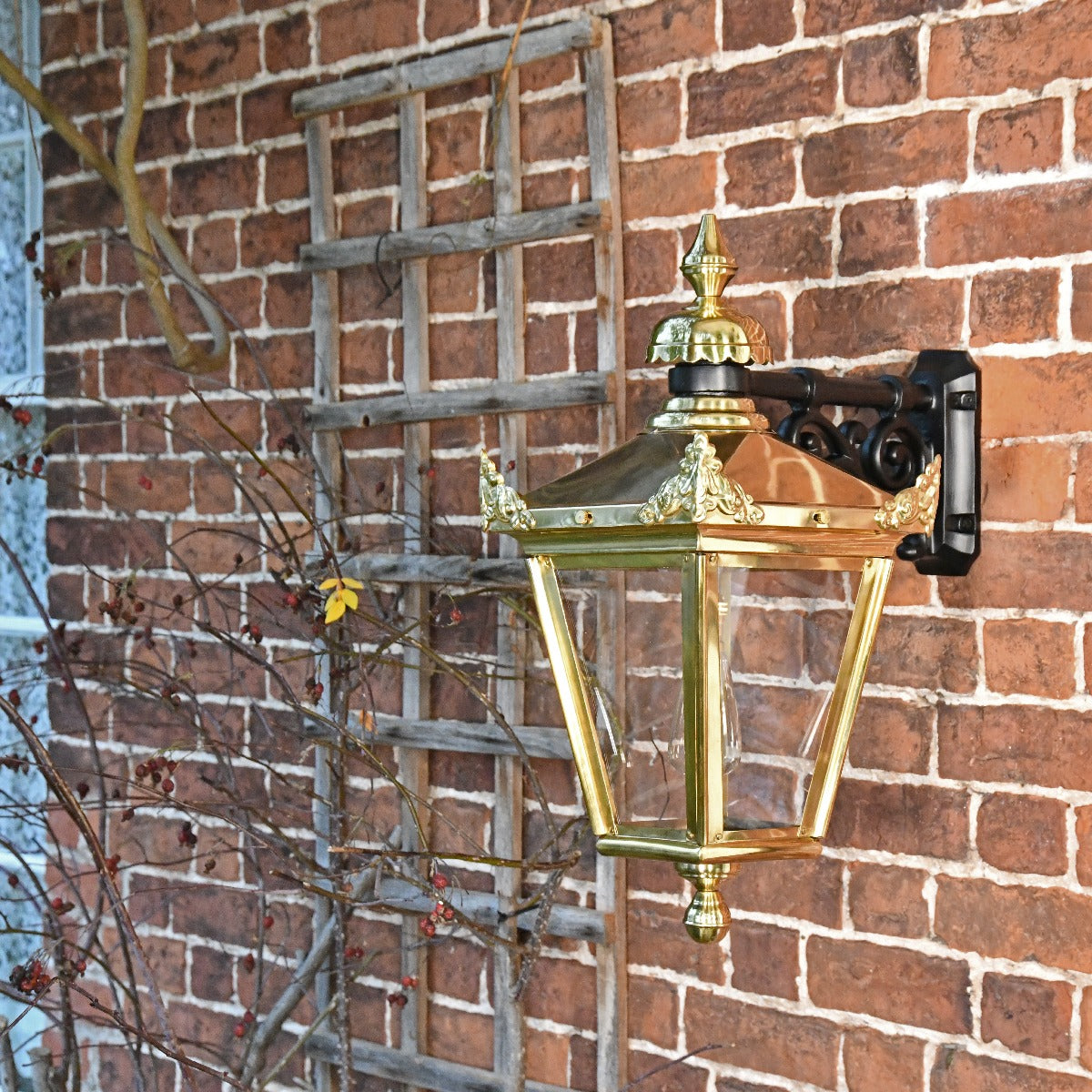Brass Hanging Victorian Wall Lantern Fitted To Brick Wall