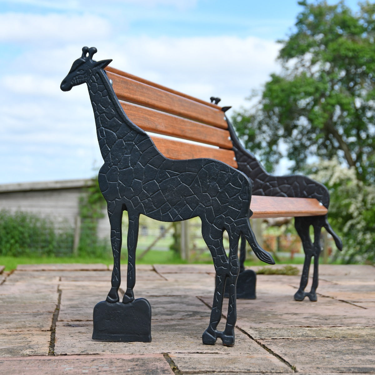 Cast Iron and Wooden Slat Giraffe Garden Bench