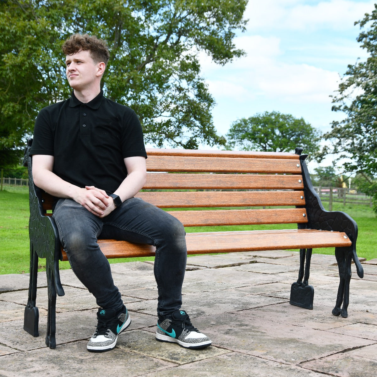 Cast Iron and Wooden Slat Giraffe Garden Bench