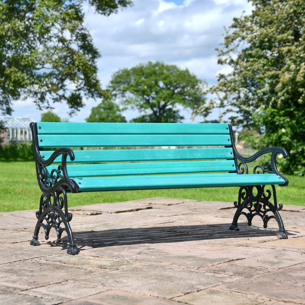 Ornate Scroll Cast Iron and Green Park Bench