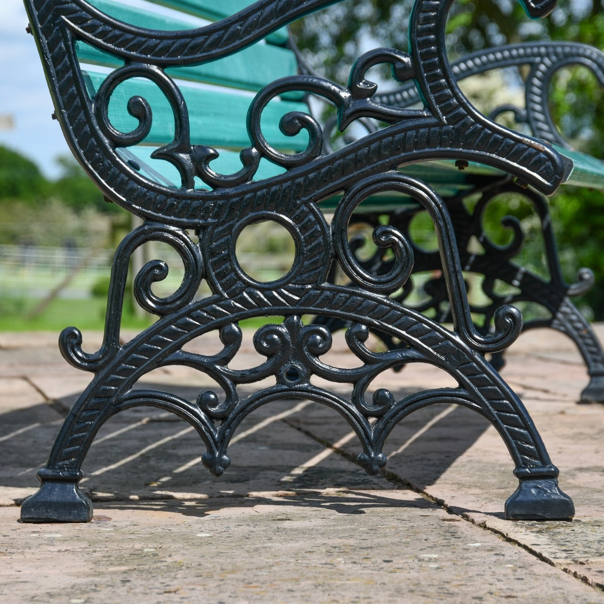 Ornate Scroll Cast Iron and Green Park Bench