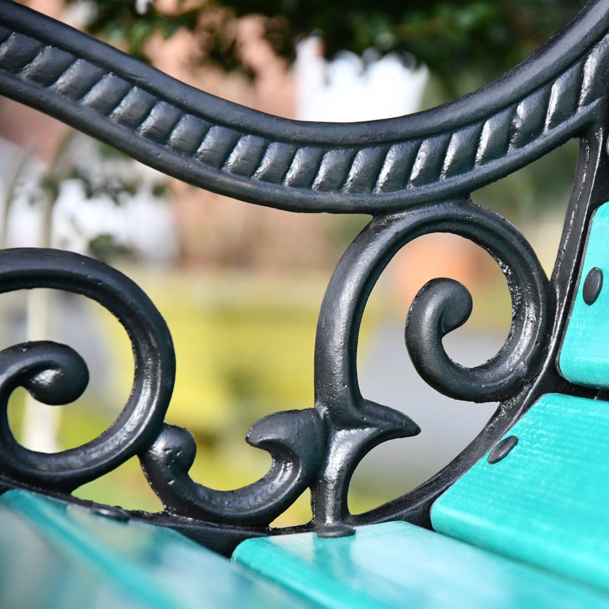 Ornate Scroll Cast Iron and Green Park Bench
