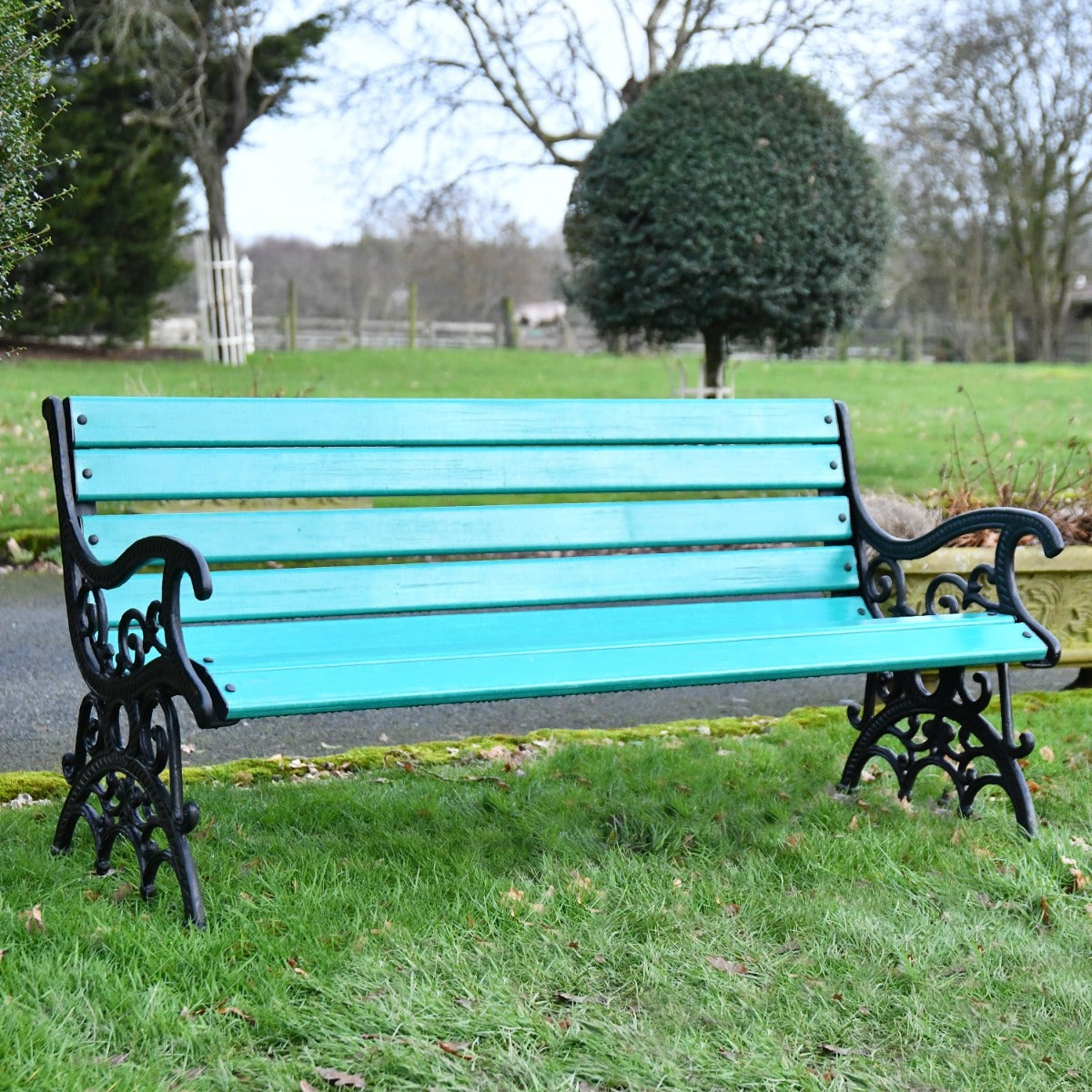 Ornate Scroll Cast Iron and Green Park Bench