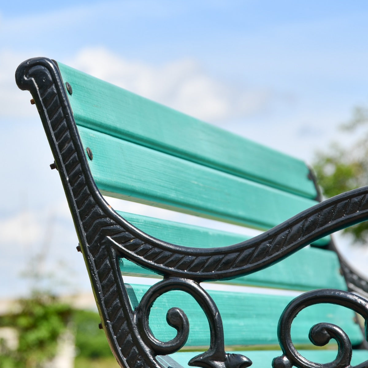Ornate Scroll Cast Iron and Green Park Bench