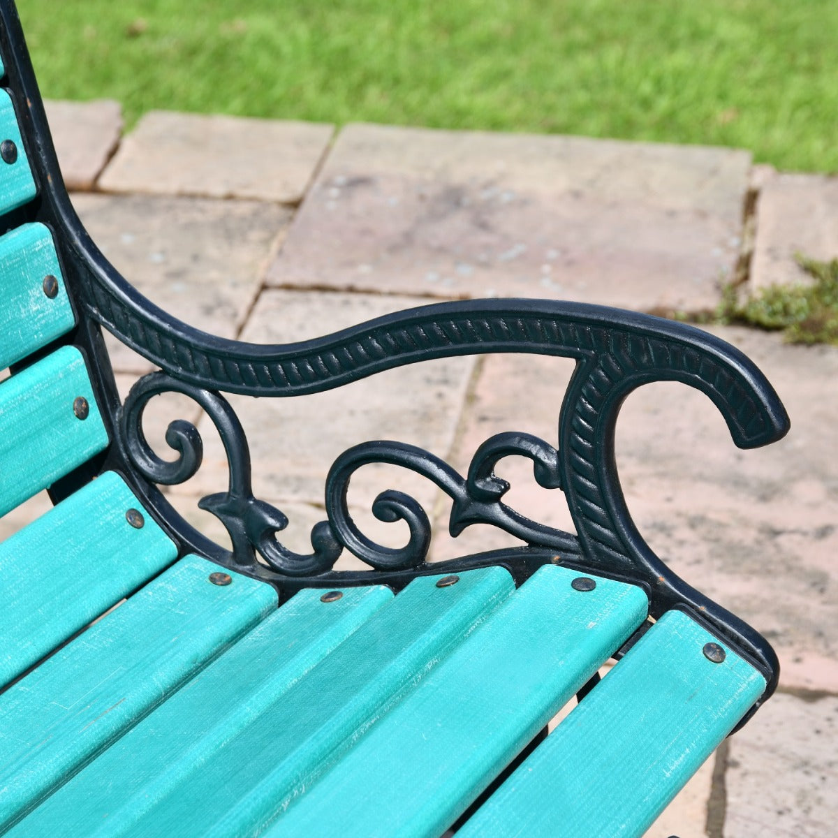 Ornate Scroll Cast Iron and Green Park Bench