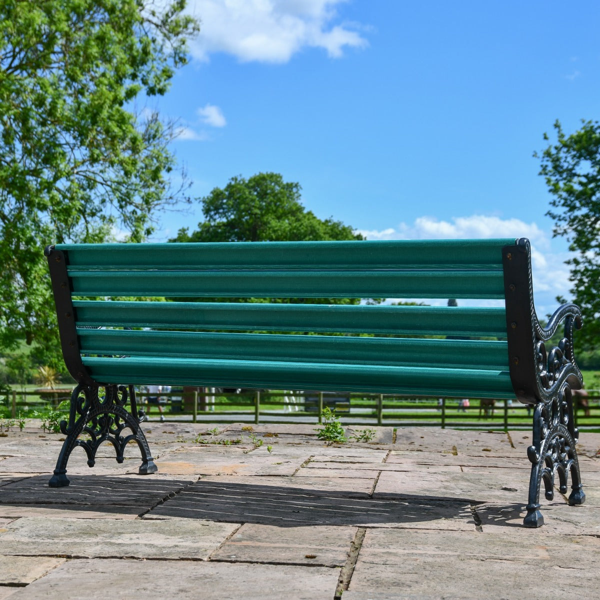 Ornate Scroll Cast Iron and Green Park Bench