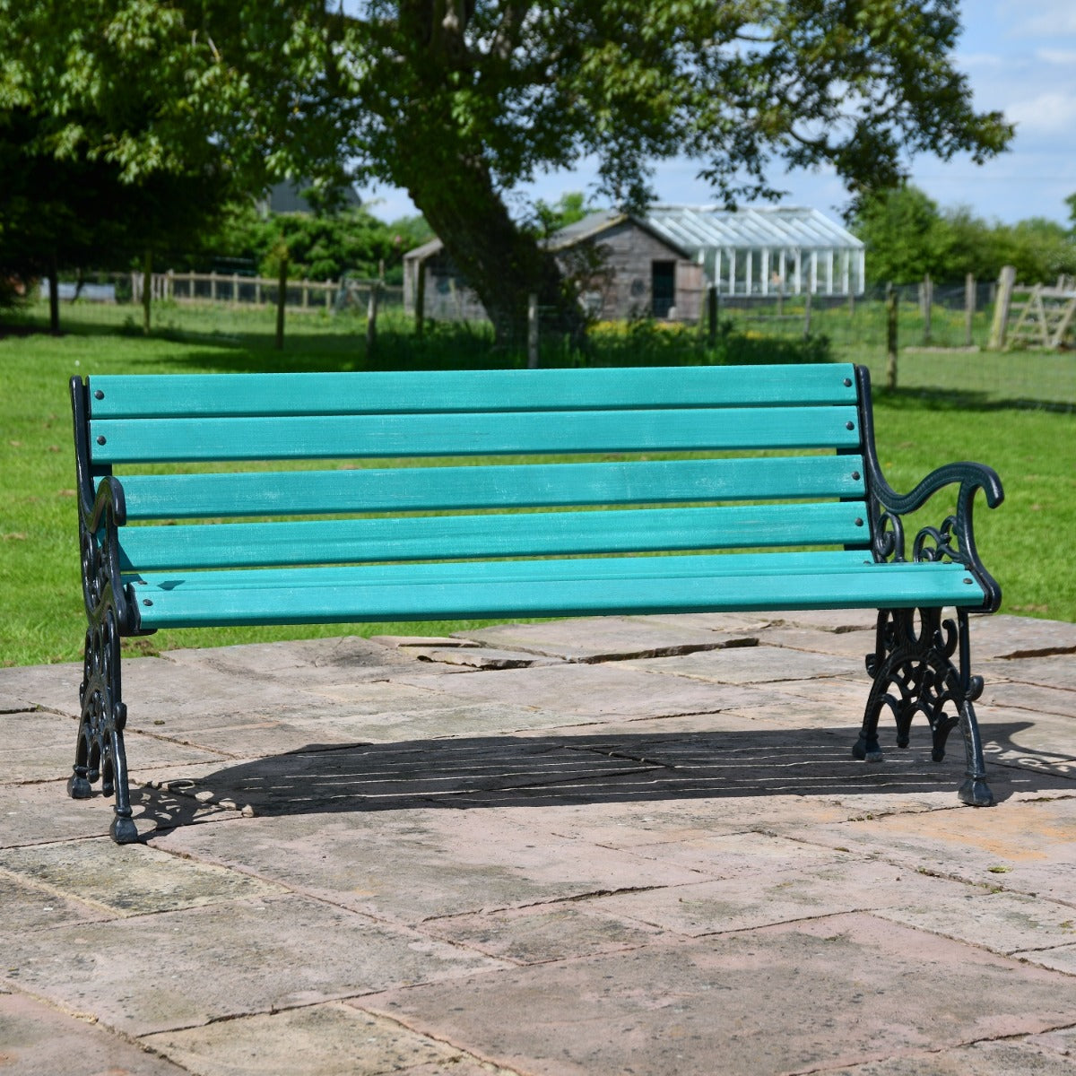 Ornate Scroll Cast Iron and Green Park Bench