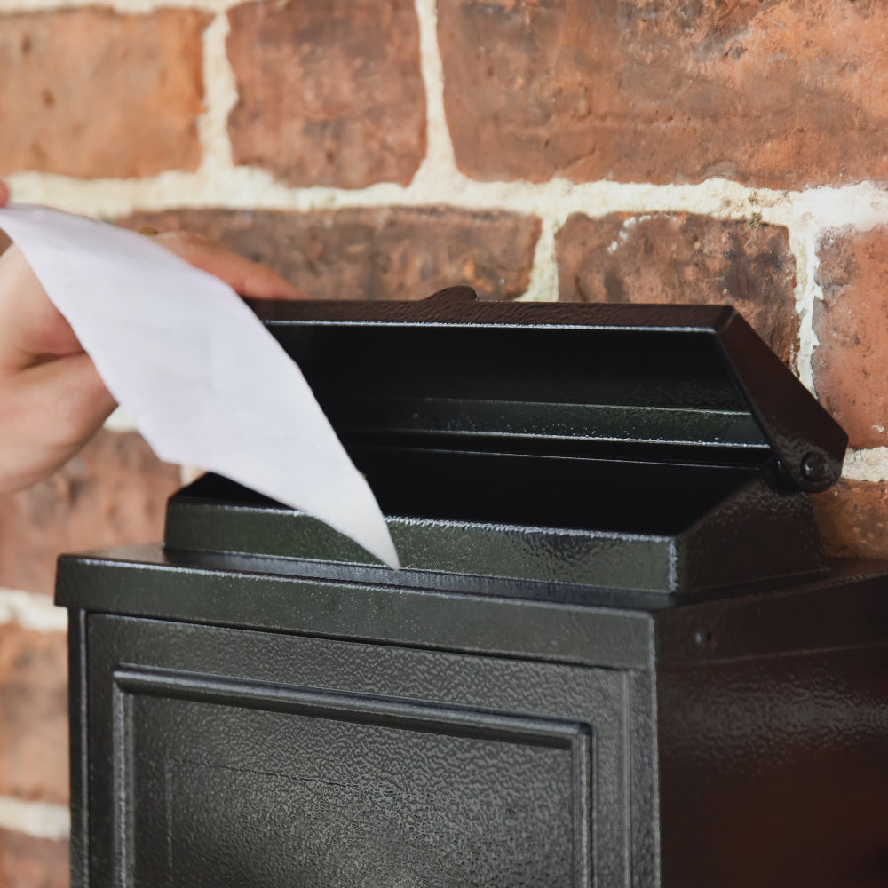 Life size scale of "Norfolk" Wall Mounted Post Box in a Black Finish With Silver Text
