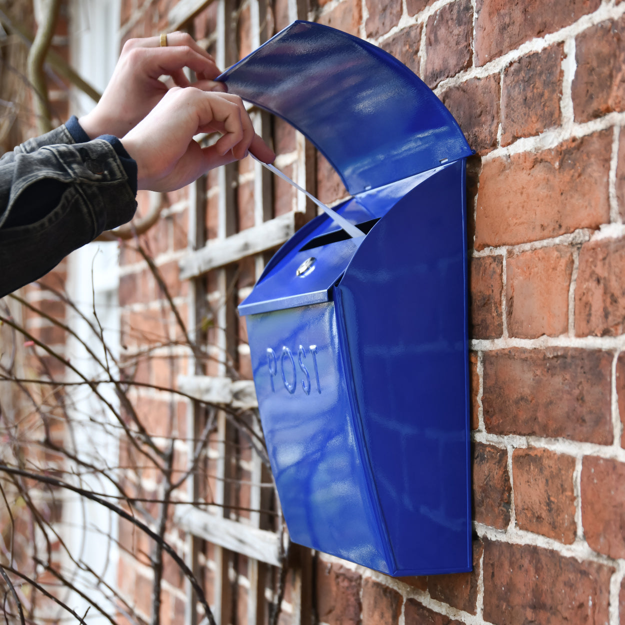 Life size scale of the 'Montcour' dark blue post box