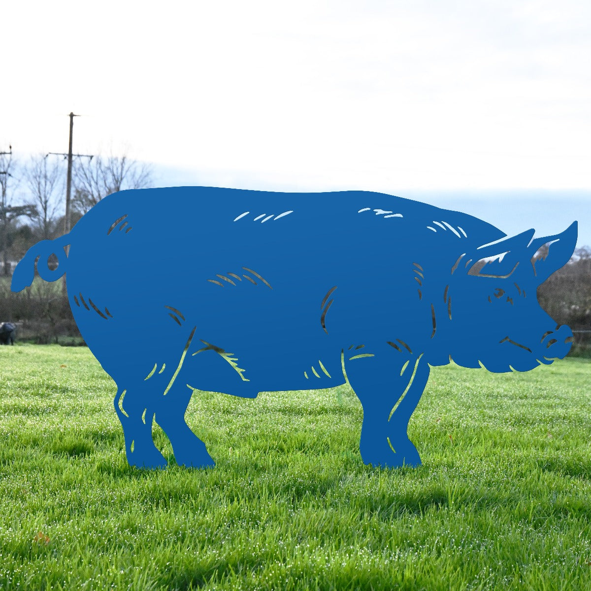 Large Standing Pig Garden Sheet Steel Silhouette Finished In Blue
