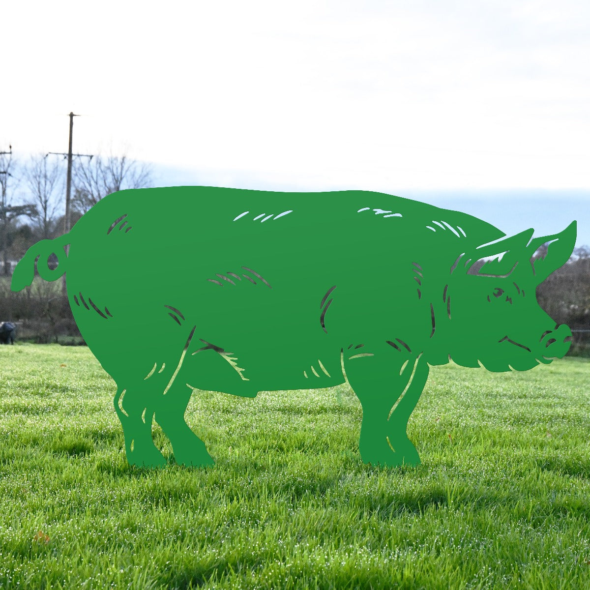 Large Standing Pig Garden Sheet Steel Silhouette Finished In Green