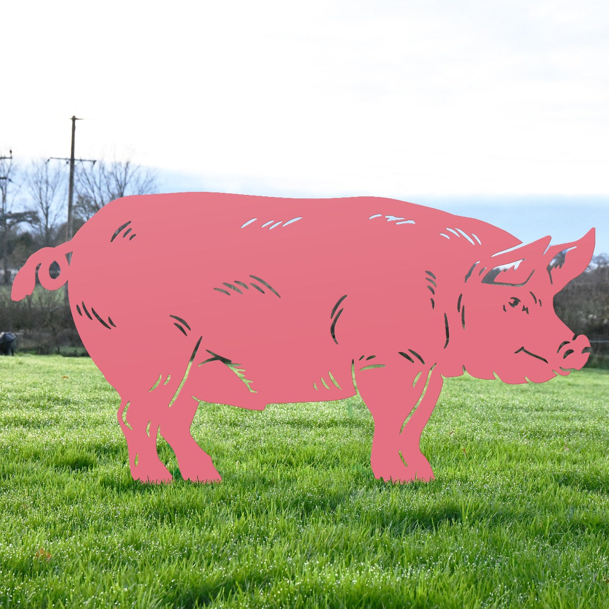 Large Standing Pig Garden Sheet Steel Silhouette Finished In Pink