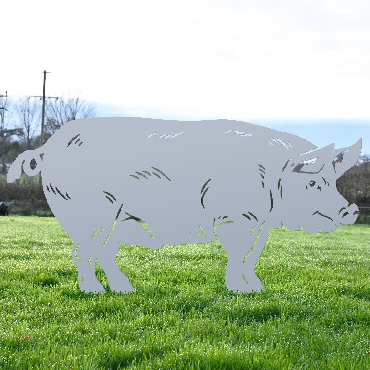Large Standing Pig Garden Sheet Steel Silhouette Finished In Silver