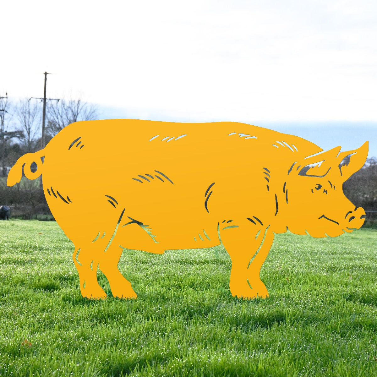 Large Standing Pig Garden Sheet Steel Silhouette Finished In Yellow