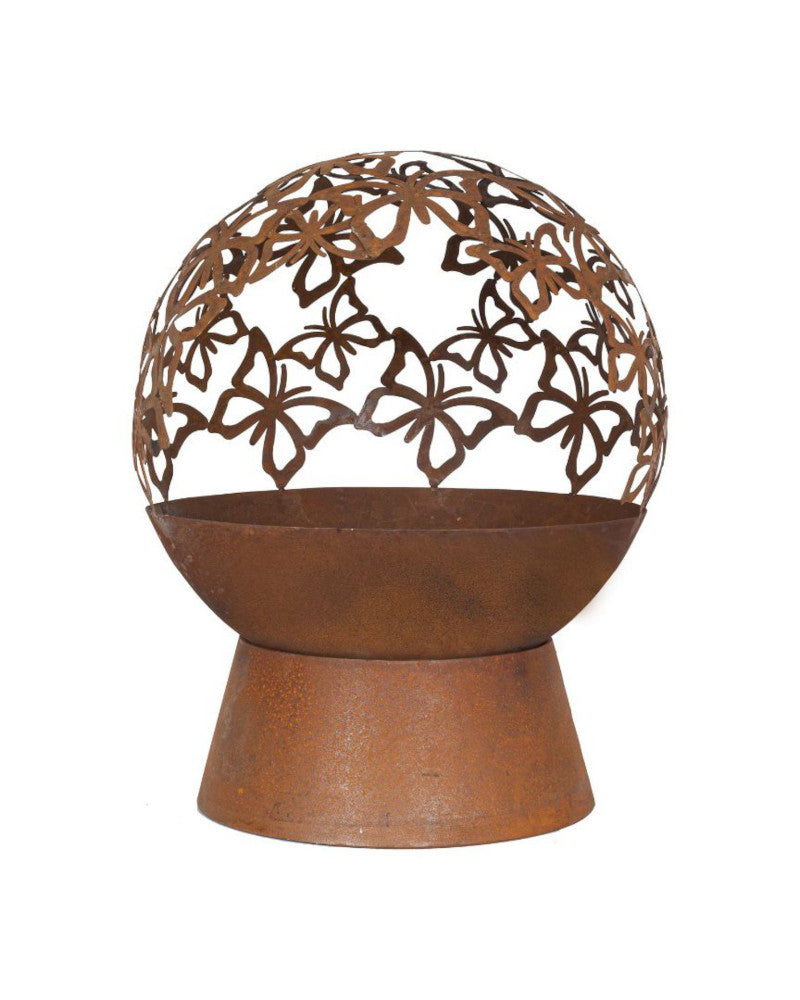 Rustic globe fire pit on a white background