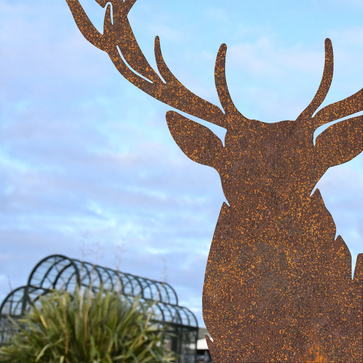 Large Stag Garden Sheet Steel Silhouette In Rustic Close Up