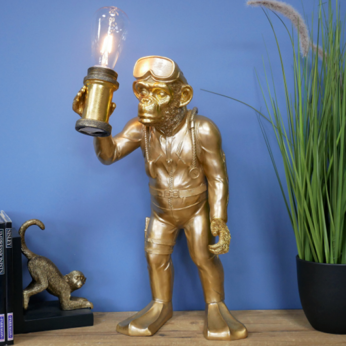 Monkey Scuba Diver Desk Lamp Finished In Gold