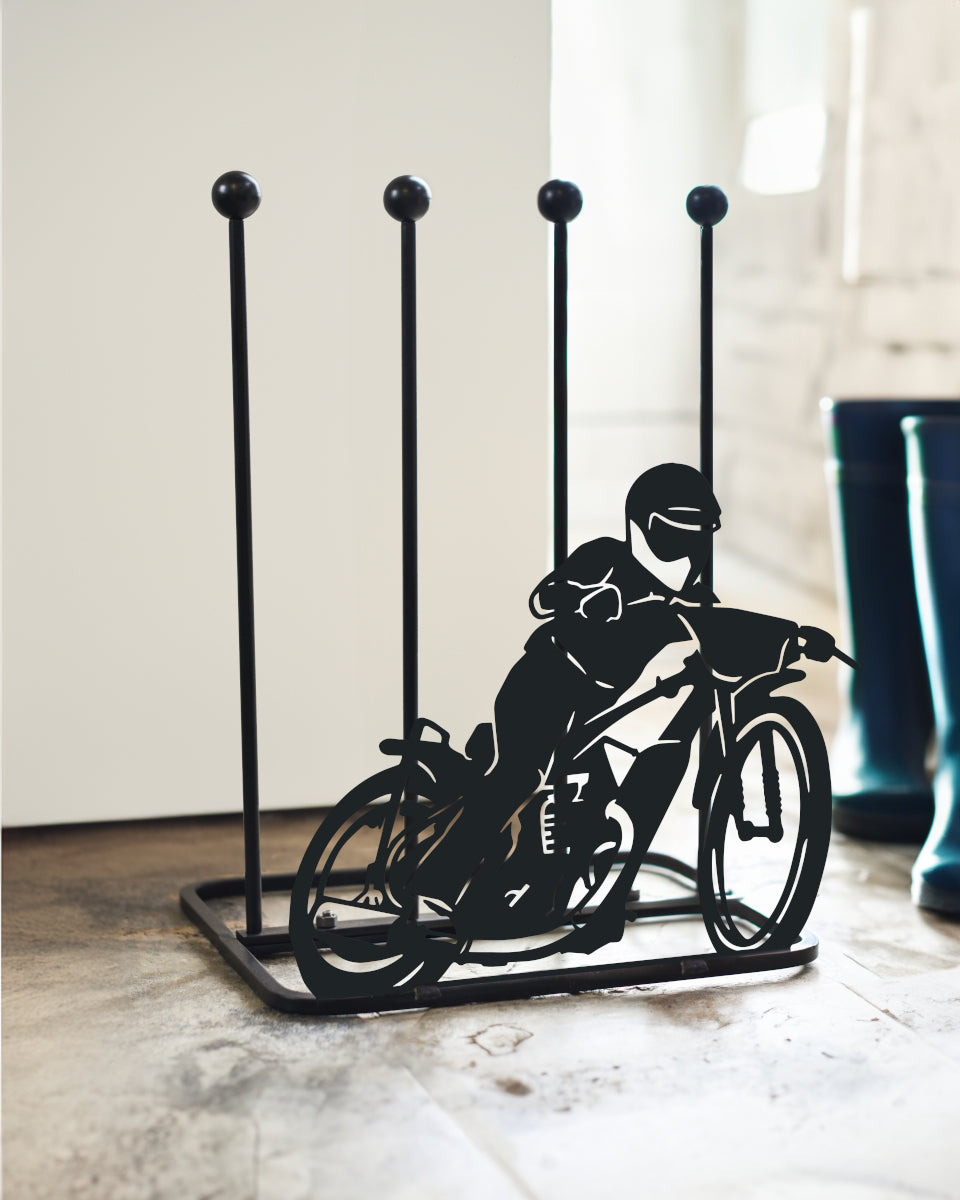 The black 'Motorbike Racer' welly rack in situ