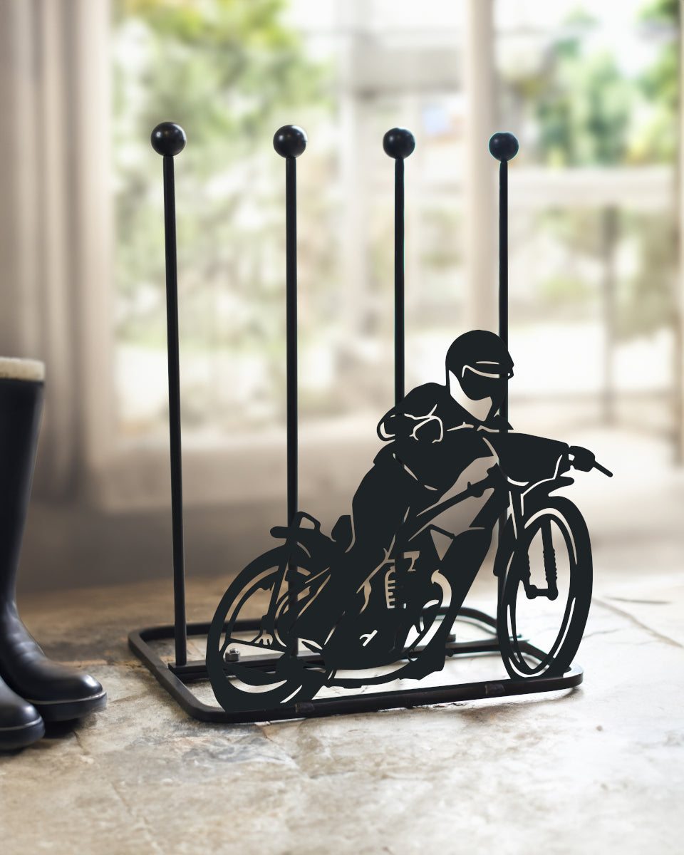 Head on view of the motorcylist rack inside
