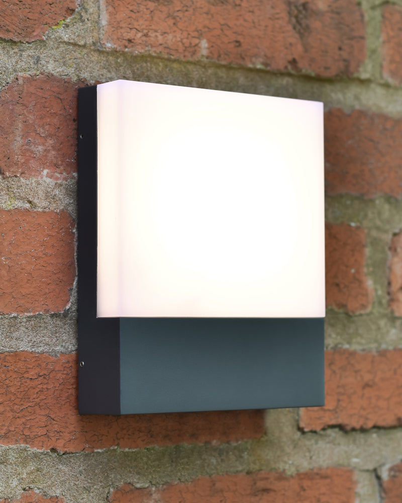 Angled view of the house number wall light when illuminated