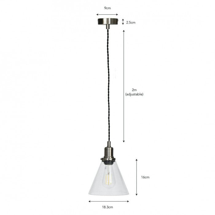 Nickel and Glass Cone Design Hanging Pendant Light By Garden Trading