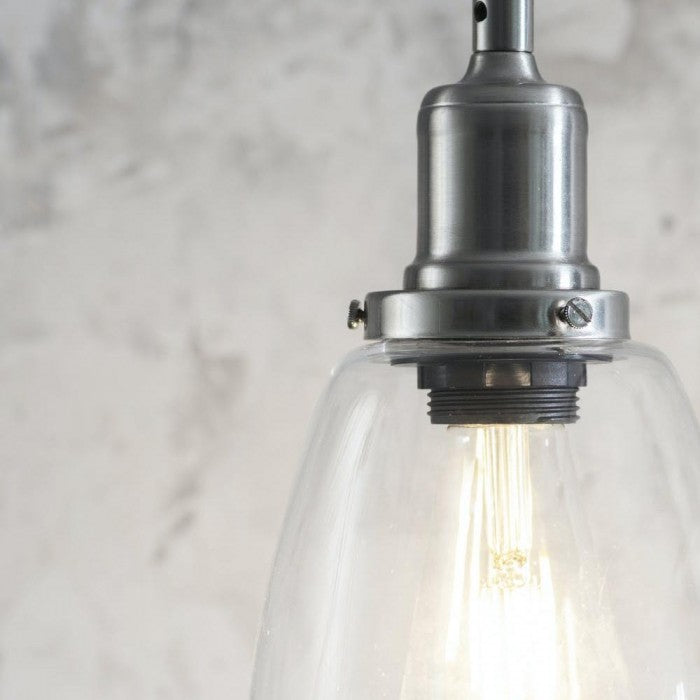 Nickel Set of Three Hanging Pendant Lights By Garden Trading Close Up