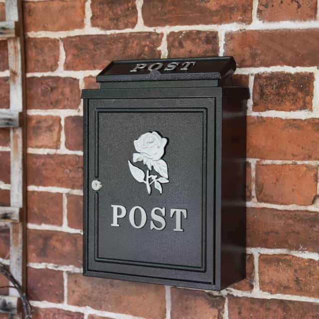 "Norfolk Rose" Black Wall Mounted Post Box With Silver Rose - thumbnail