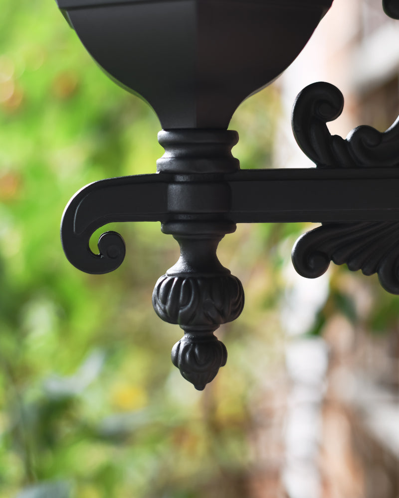 Magnified view of the ornate finial 