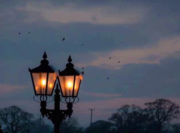 Period Twin Head Lamp Post At Dusk