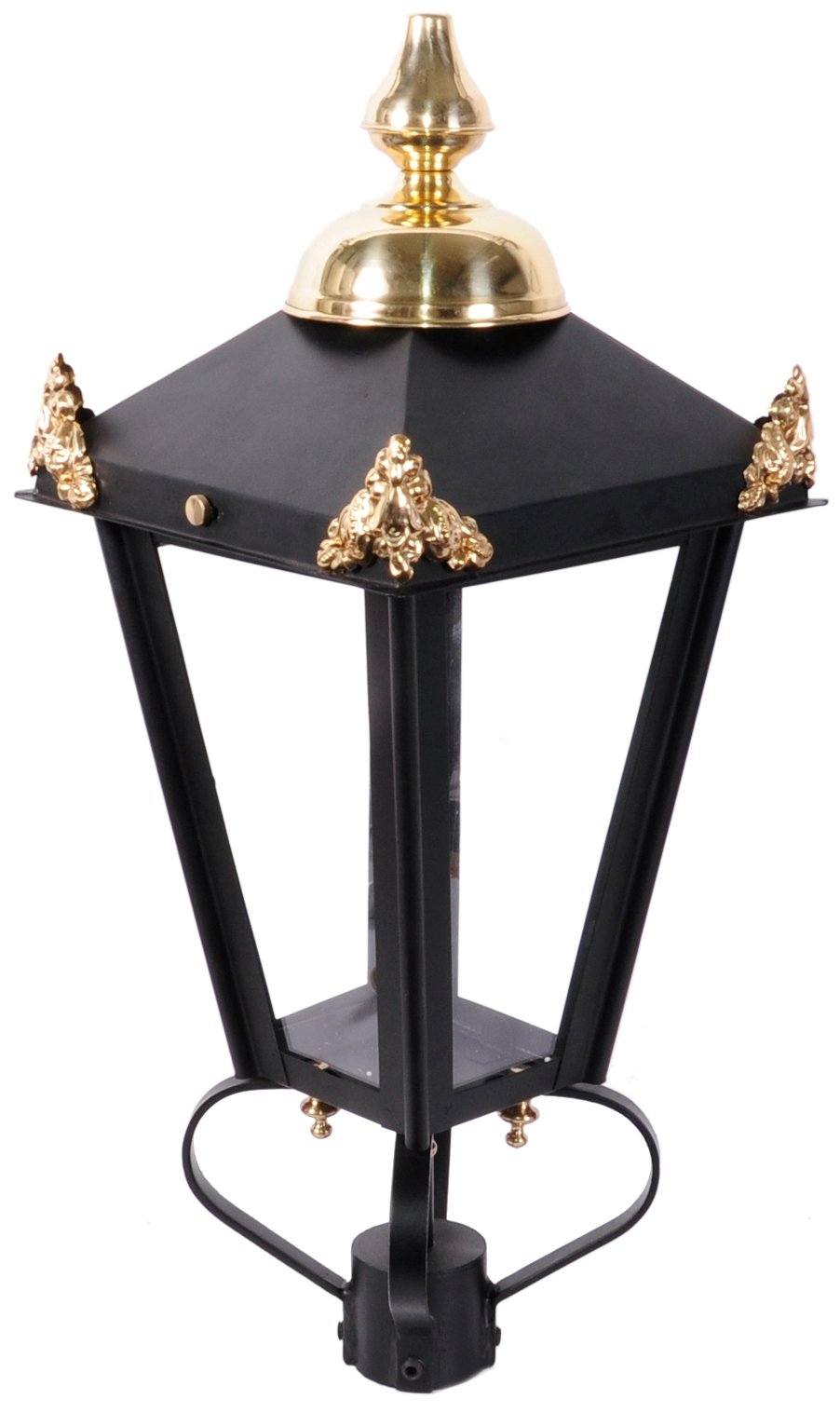 Personalized brass detailing on traditional lamp post lantern