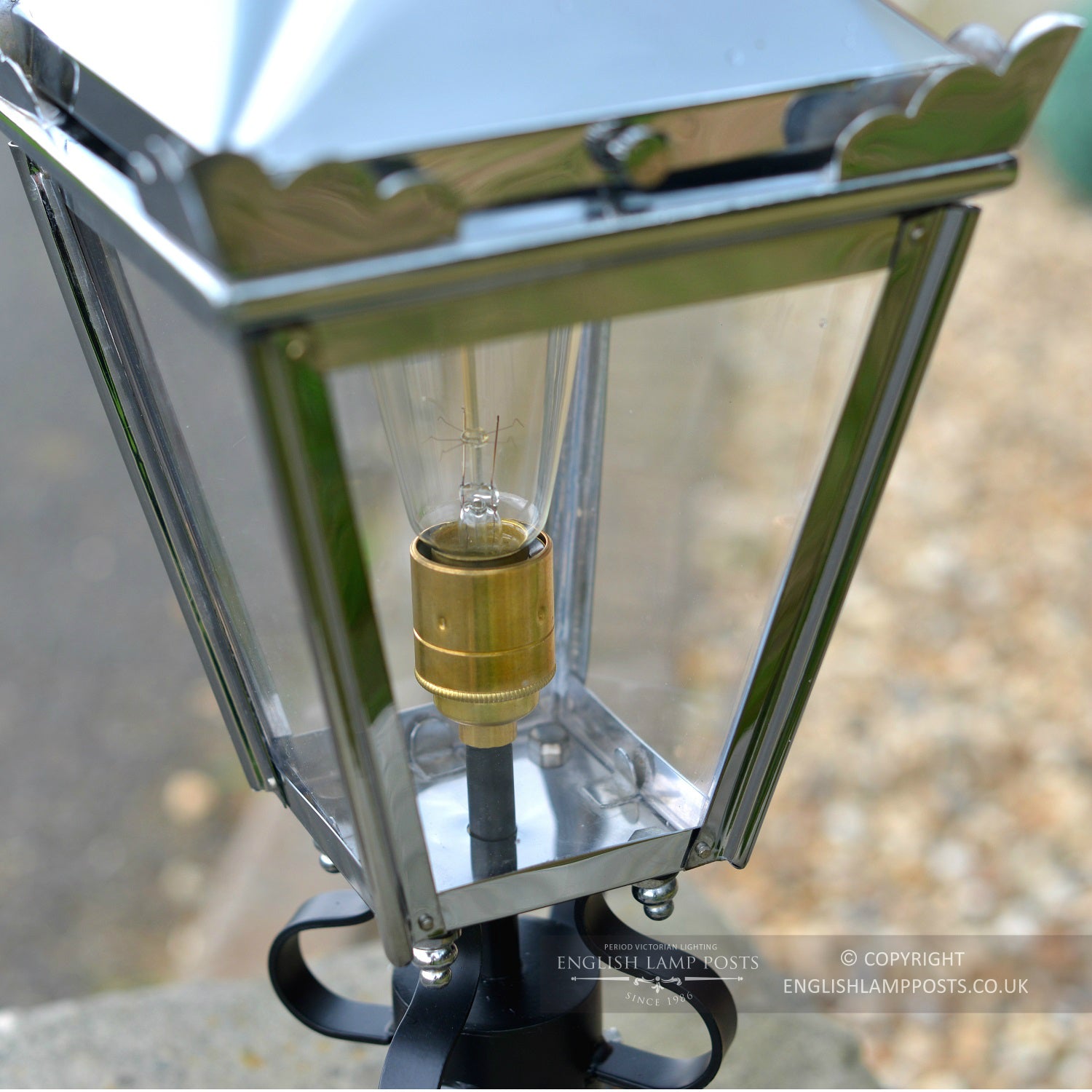 Polished Chrome Kensington Lantern & Pillar Post Set Close Up