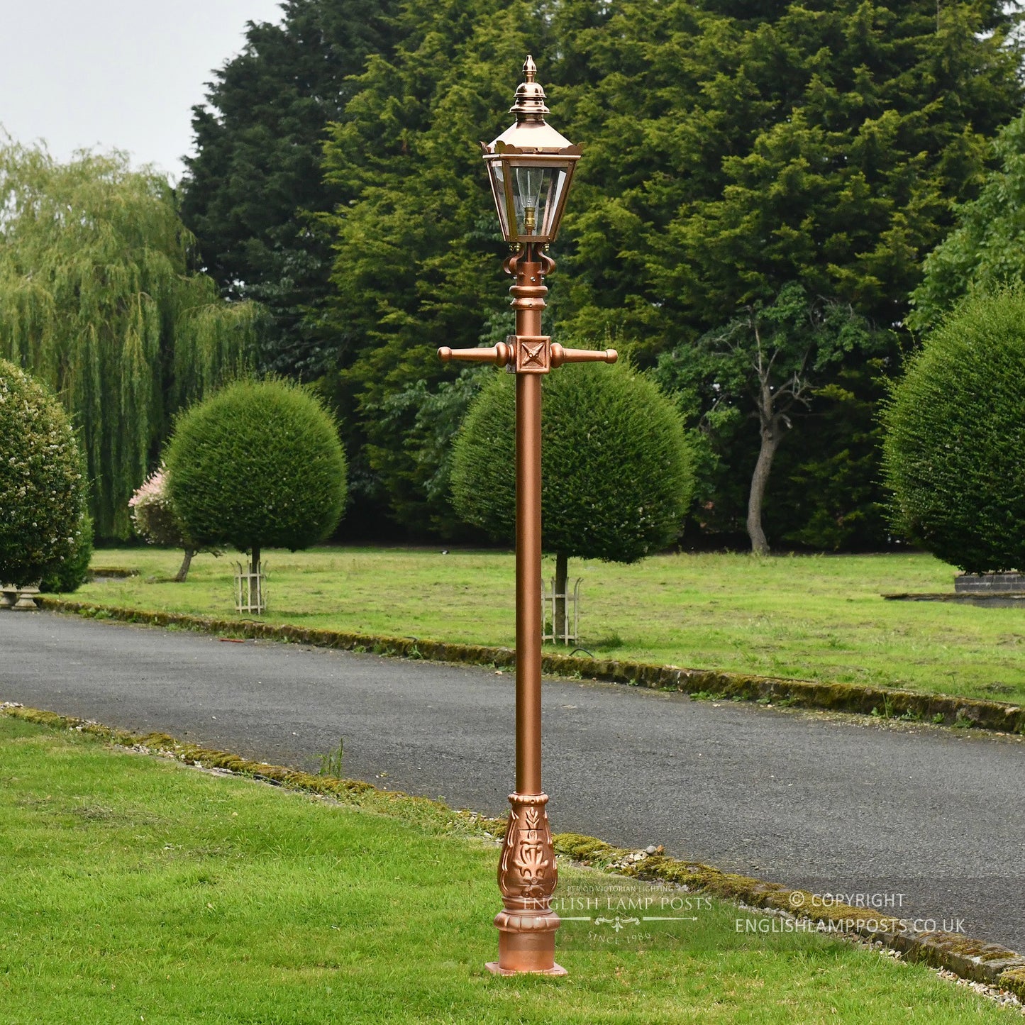 Polished Copper and Rose Gold Kensington Lamp Post 2.25m In Garden Setting