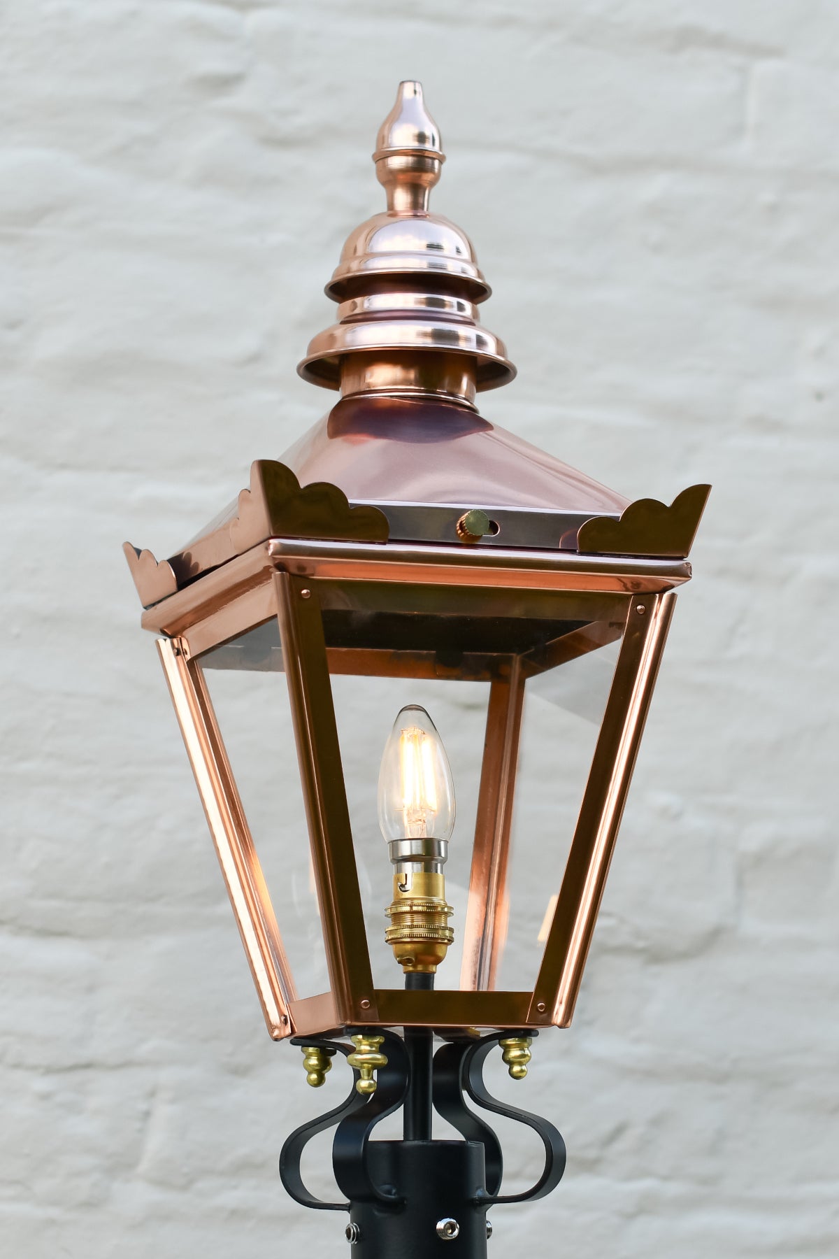 Close up of the polished copper lantern