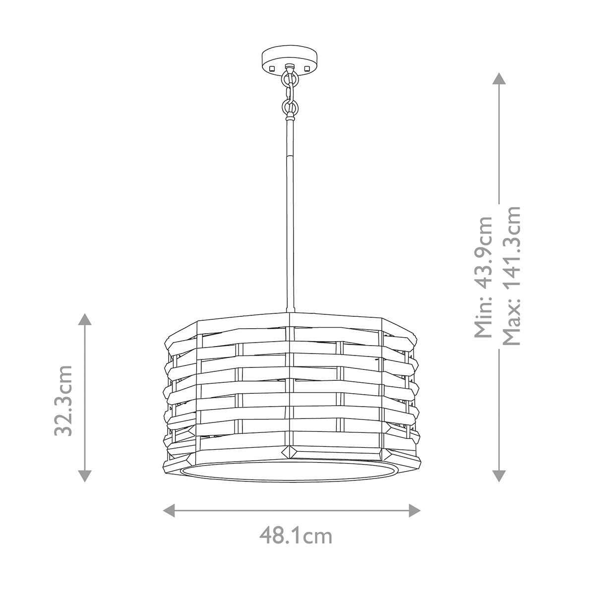 The dimensions of the 'Portobello' nickel 4 light pendant 
