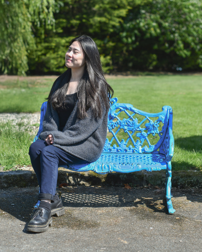 Life size scale of the 'Pynes' blue bench