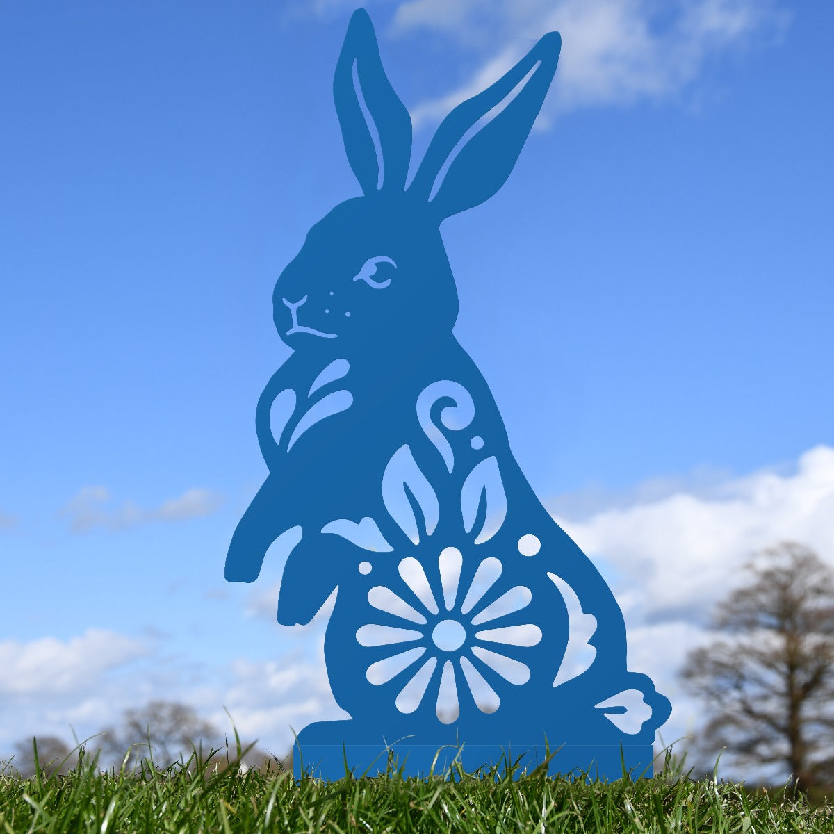 Floral Rabbit Garden Sheet Steel Silhouette In Blue