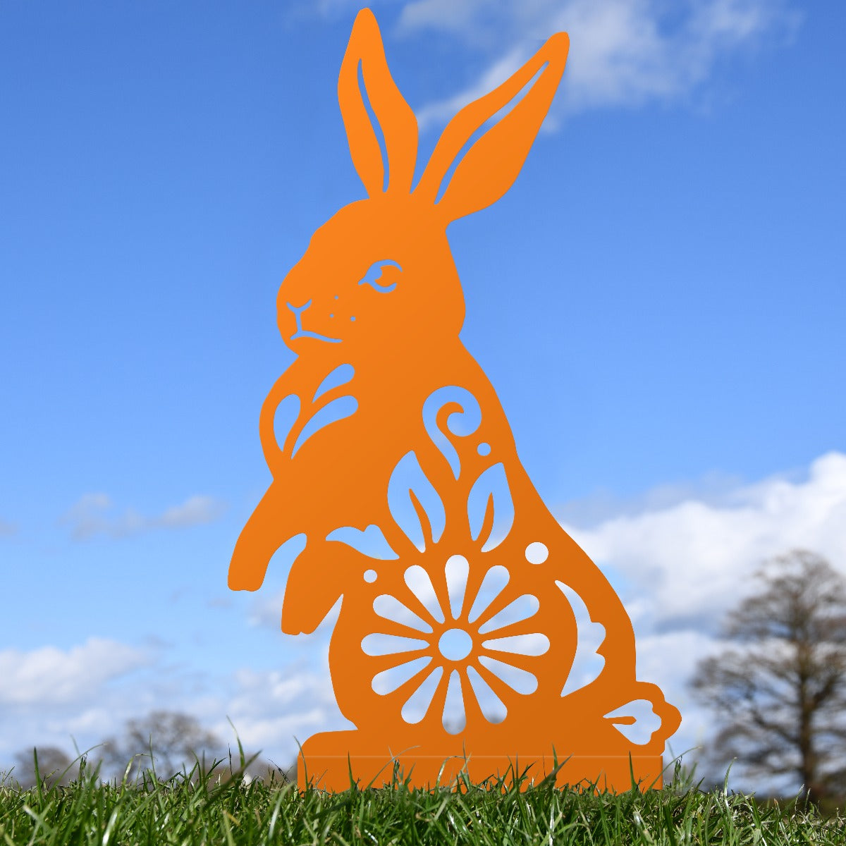 Floral Rabbit Garden Sheet Steel Silhouette In Orange
