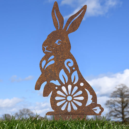 Floral Rabbit Garden Sheet Steel Silhouette In Rustic