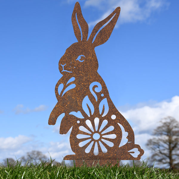 Floral Rabbit Garden Sheet Steel Silhouette In Rustic