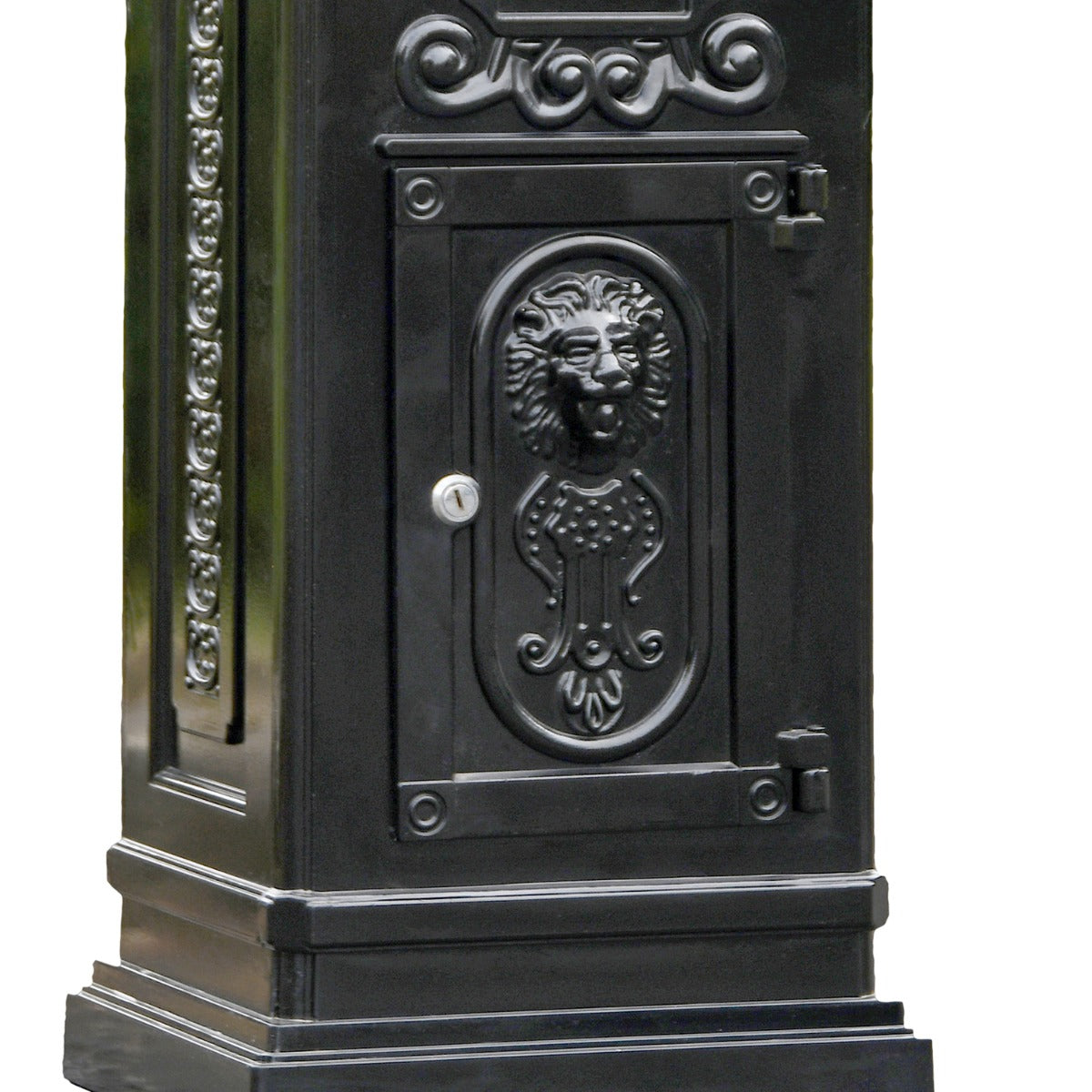 Ornate Design on the Front of the 'The Lincoln' Black Freestanding Pillar Box