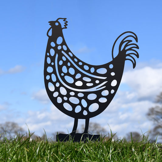 Patterned Rooster Garden Sheet Steel Spike Sculpture In Black