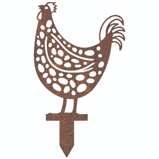 Patterned Rooster Garden Sheet Steel Spike Sculpture In Rustic