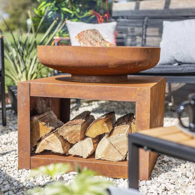 'Rowton' Rustic Square Fire Pit And Log Holder - thumbnail