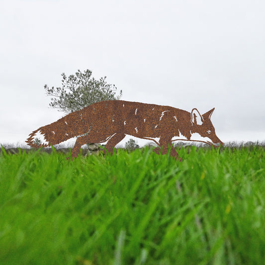 Rustic Brown Fox Sheet Steel Silhouette In Garden Setting