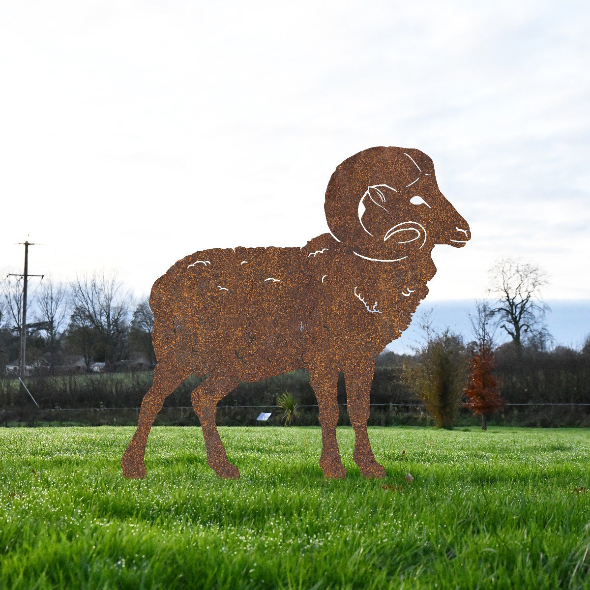 Rustic Large Ram Sheet Steel Silhouette In Garden Setting