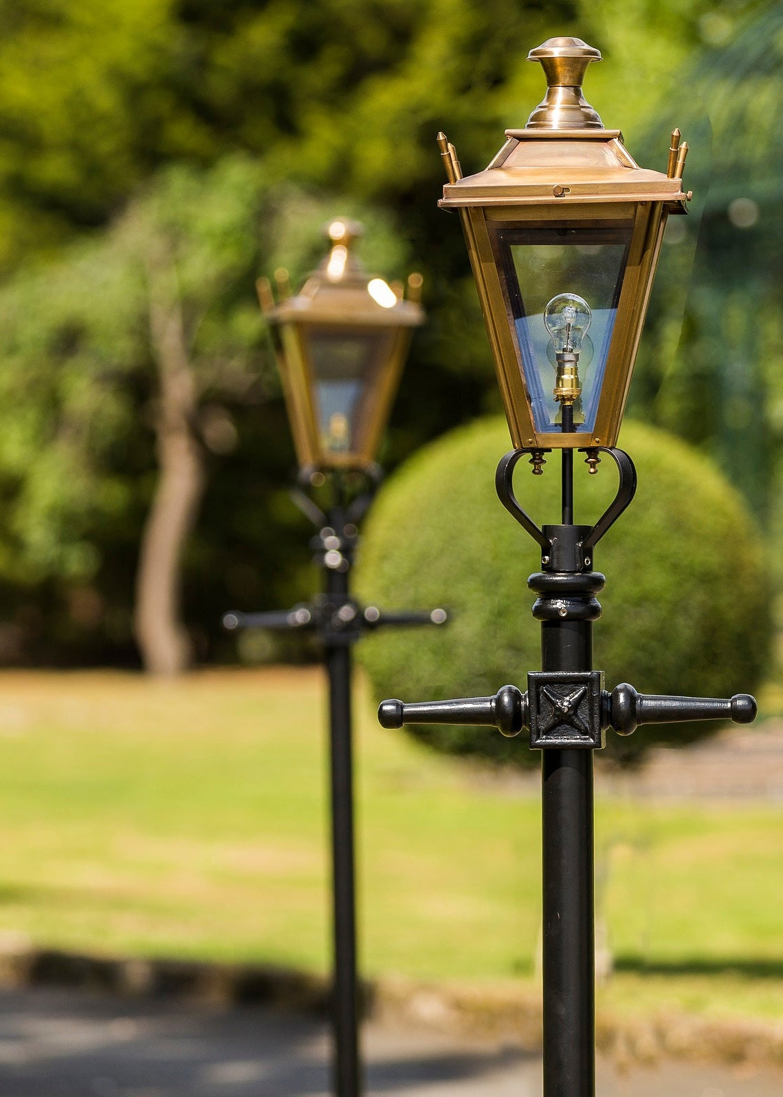 Selection of Brass Dorchester Lamp Posts In Garden Setting